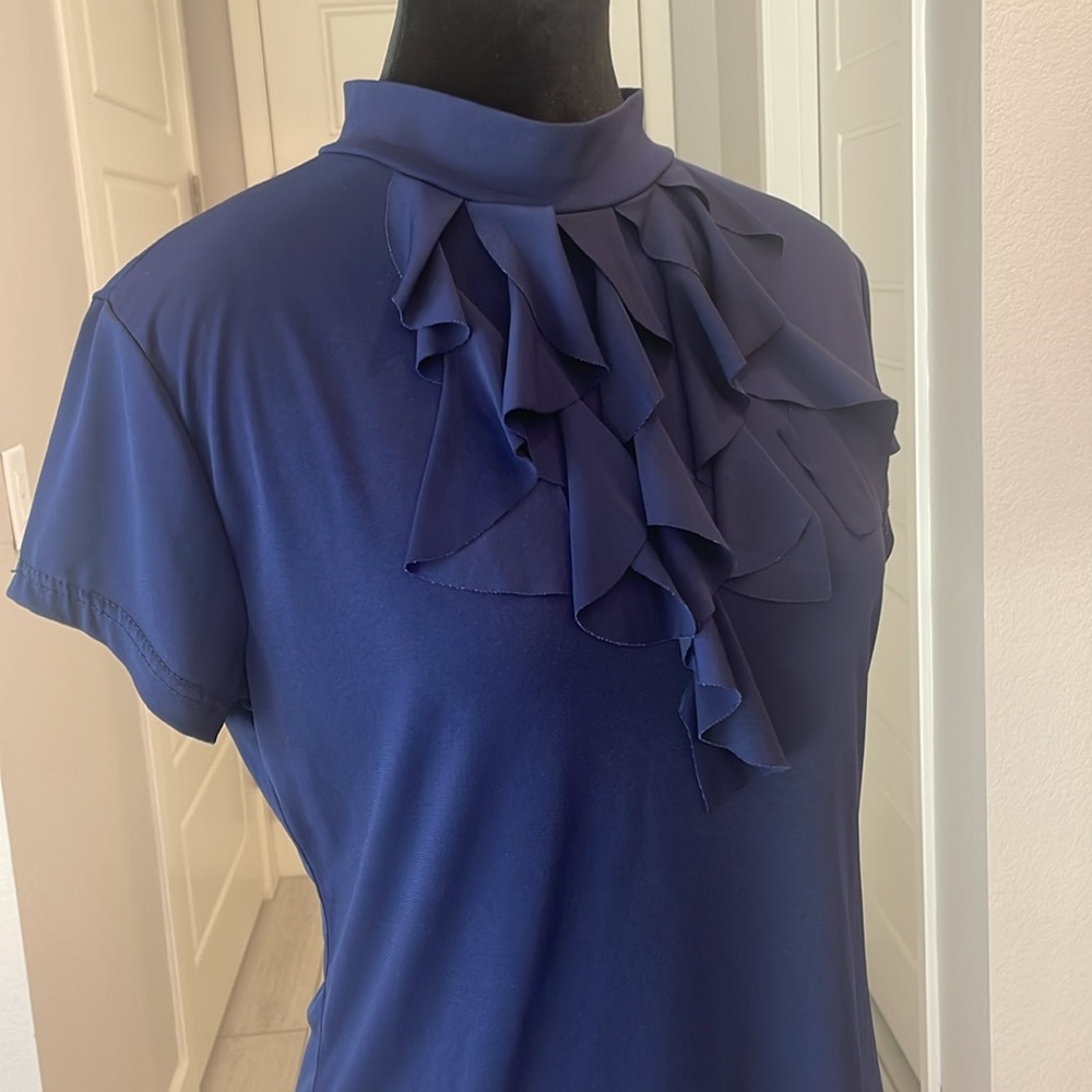 Double Take Petites  Size S Stretch Top in Navy Blue with Ribbon Neckline - Picture 5 of 10